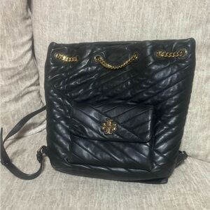Tory Burch Black Quilted Leather Backpack with Gold Chain Trim